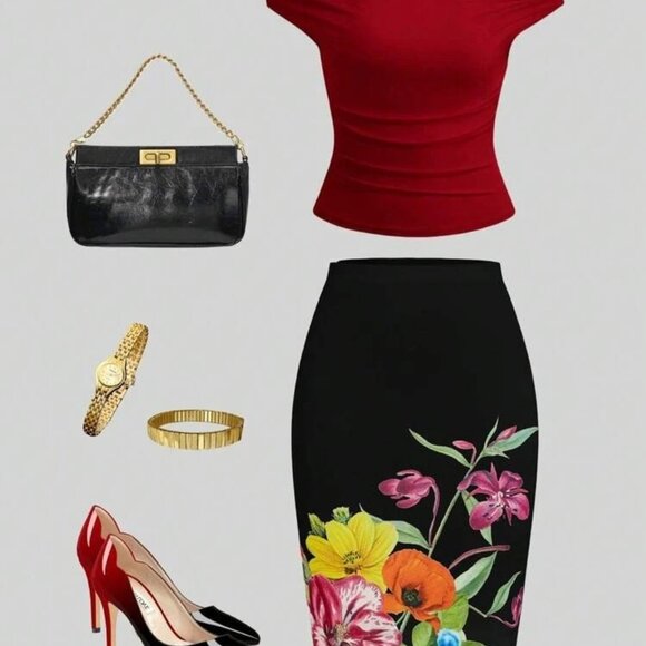 Unbranded Dresses & Skirts - Elegant Plus Size 2XL Floral Pencil Skirt - 100% Polyester, Machine Washable